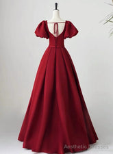 Wine Red Short Sleeves A-line Floor Length Party Dress, Long Prom Dress